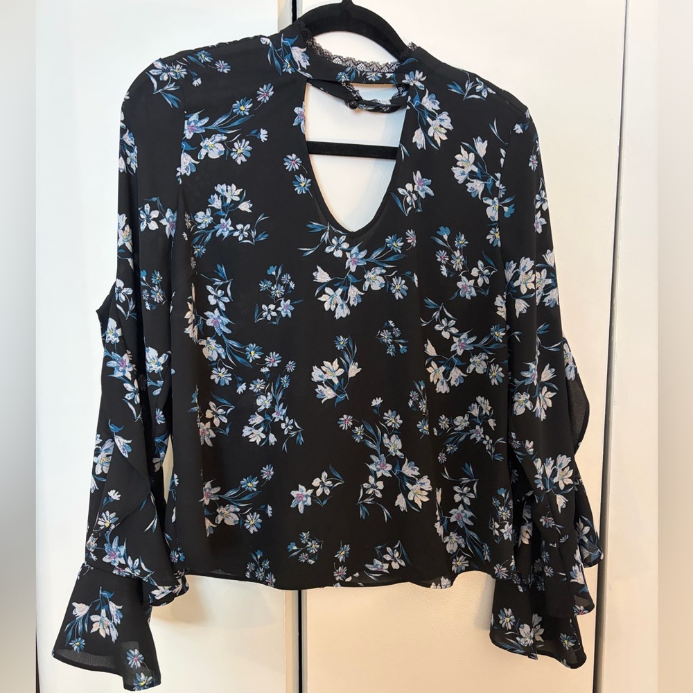 Ruffle Flowy Sleeve Black and Blue Floral Blouse